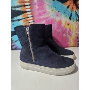 J/Slides NYC Navy Blue Suede Leather Platform Boots Size 7 Zipper Boot Shoes